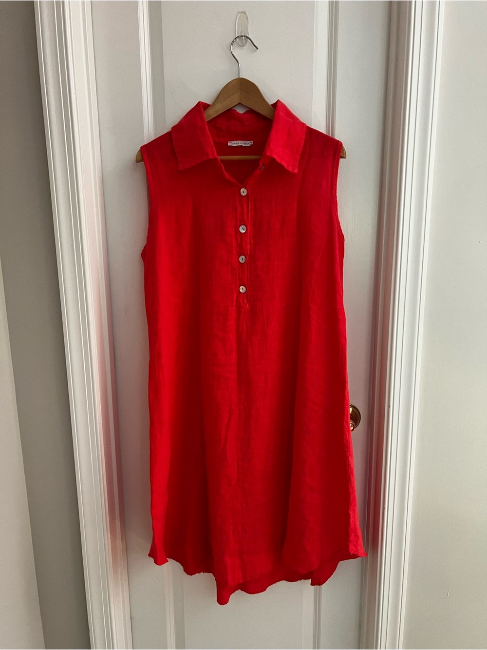 Italian Linen Sleeveless Shirt Dress Coral Lagenlook Shift Tunic Medium